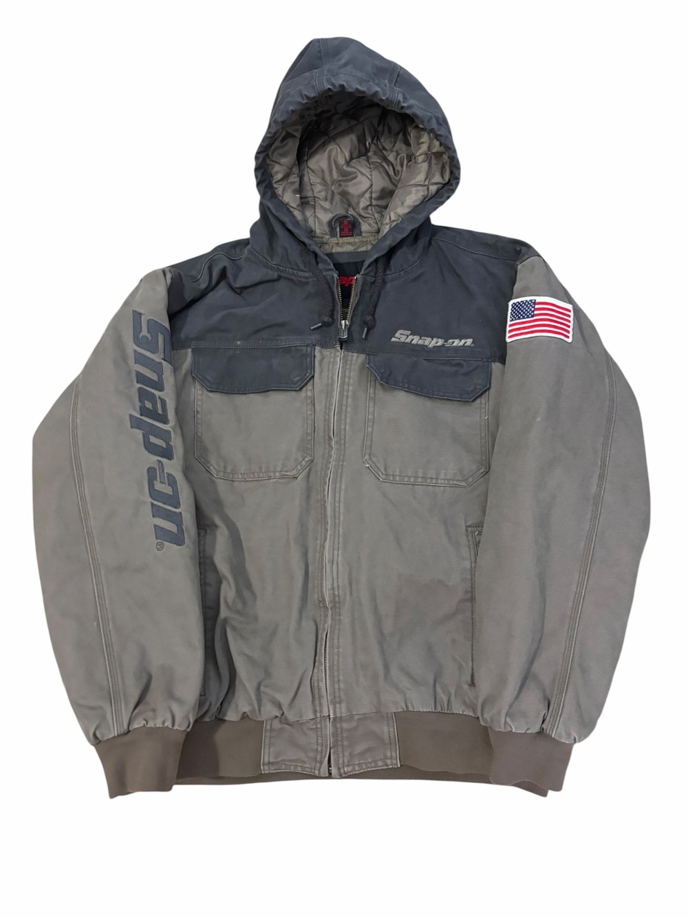 Snap-On Hooded Canvas Quilt Lined Work Coat Mens XL Gray USA Spell Out Jacket
